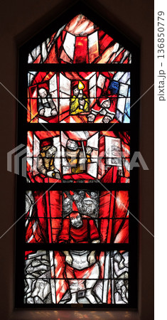 God cares for His own and strengthens them in their life path, stained glass window by Sieger Koder in St. John church in Piflas, Germany God cares for His own and strengthens them in their life path, stained glass window by Sieger Koder in St. John church in Piflas, Germany 136850779