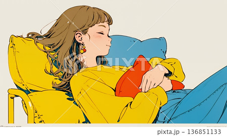 ソファでクッションを抱えてくつろぐ若い女性