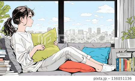 ソファでクッションを抱えてくつろぐ若い女性