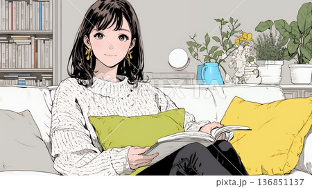 ソファでクッションを抱えてくつろぐ若い女性