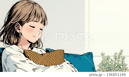 ソファでクッションを抱えてくつろぐ若い女性