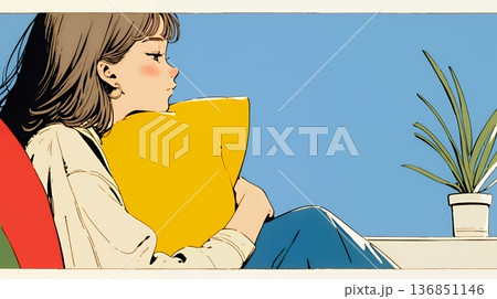 ソファでクッションを抱えてくつろぐ若い女性