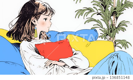 ソファでクッションを抱えてくつろぐ若い女性