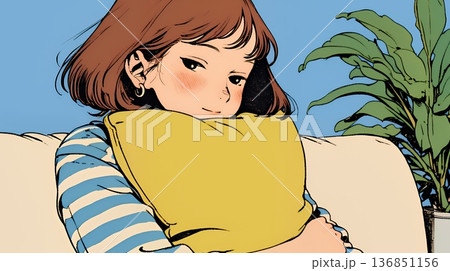 ソファでクッションを抱えてくつろぐ若い女性