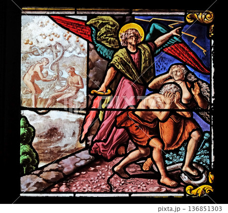 Expulsion from Paradise, stained glass window in Church of Saint Leu Saint Gilles in Paris, France 136851303