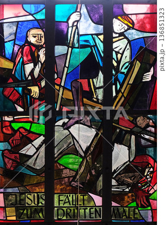9th Stations of the Cross, Jesus falls the third time, stained glass window in Saint Lawrence church in Kleinostheim, Germany 9th Stations of the Cross, Jesus falls the third time, stained glass window in Saint Lawrence church in Kleinostheim, Germany 136851323