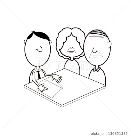 高齢者家族へ説明するビジネス担当者 相談・契約シーン線画イラスト 136851385