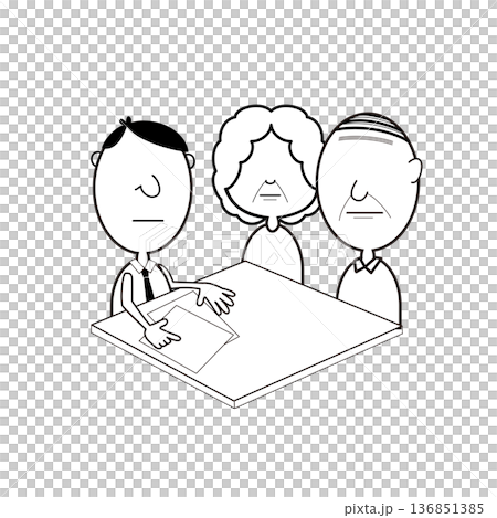 高齢者家族へ説明するビジネス担当者 相談・契約シーン線画イラスト 136851385