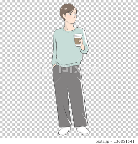 Illustration of a man in casual clothes holding a cup of coffee 136851541