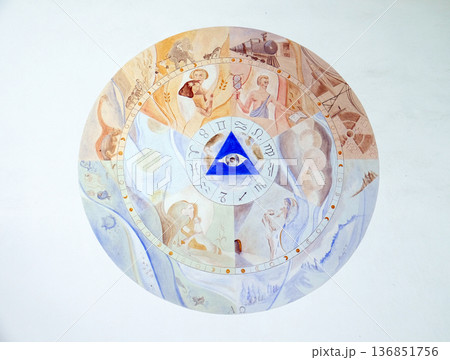 God's all-seeing eye, fresco on the facade of Saint George church in Luson, Italy 136851756
