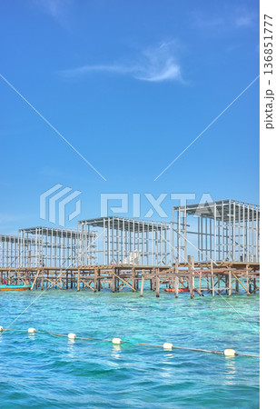 Open sea over water bungalows construction site, Borneo, Malaysia. 136851777