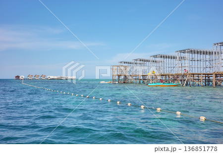Open sea over water bungalows construction site, Borneo, Malaysia. 136851778