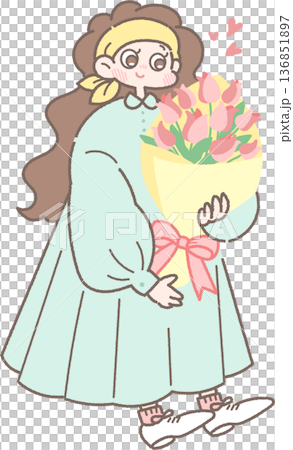 一位微笑的女孩手捧一束鬱金香的插圖 一位微笑的女孩手捧一束鬱金香的插圖 136851897
