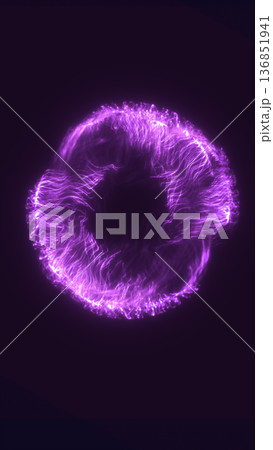 Neon purple energy ring with electric filaments and glowing plasma, forming a sci-fi portal on a dark background with soft lens flare Neon purple energy ring with electric filaments and glowing plasma, forming a sci-fi portal on a dark background with soft lens flare 136851941
