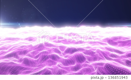 Pink neon wireframe wave field with soft glow and particles, abstract digital grid landscape for futuristic backgrounds 136851943