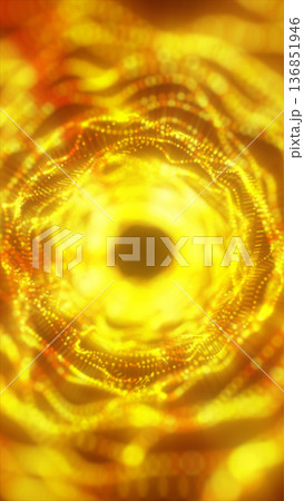 Abstract golden energy vortex with glowing particle waves forming a radiant tunnel and deep central core 136851946