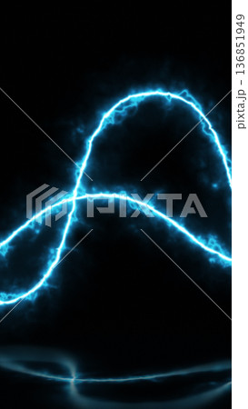 Intense electric blue lightning forming curved looping paths on a dark smoky background 136851949