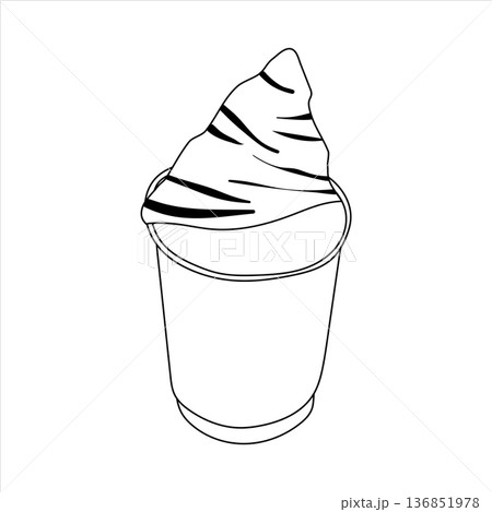 Outline sketch of a fresh croissant dipped into a tall coffee cup. Black and white line art vector. 136851978