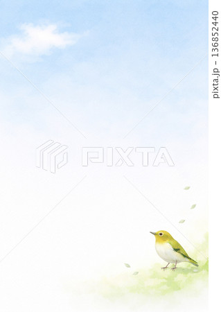 草原に佇むメジロと青空の水彩背景 余白多め シンプル縦構図 春素材 136852440