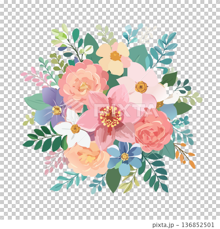 やさしい色合いのフラワーブーケイラスト｜ナチュラルで華やかな花束素材 136852501