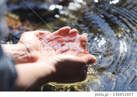 The clear, clean water of a pristine stream, the precious water of life held in your hands, World Water Day background 136852857