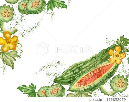 A hand-drawn watercolor frame featuring bitter melon, Indian cucumber with slices, flowers and vines for a recipe card or healthy eating information. 136852979