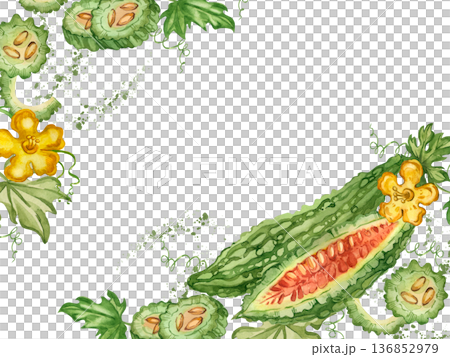 A hand-drawn watercolor frame featuring bitter melon, Indian cucumber with slices, flowers and vines for a recipe card or healthy eating information. 136852979