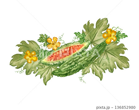 Bitter melon with leaves and vines, a healthy superfood. Hand-painted watercolor illustration on the theme of cooking and traditional medicine. Suitable for printing on food packaging and menus. 136852980