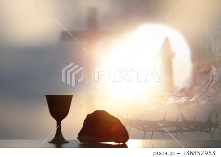 The death and resurrection of Jesus Christ, the cross, and the Eucharist overlap in the background. 136852983