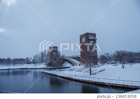 大雪で塗り替えられた環水公園の美しい雪景色 大雪で塗り替えられた環水公園の美しい雪景色 136853058