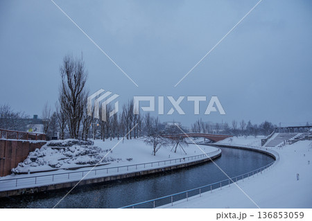 大雪で塗り替えられた環水公園の美しい雪景色 大雪で塗り替えられた環水公園の美しい雪景色 136853059