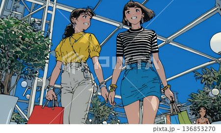 女友達と一緒にショッピングモールを歩き回る若い女性