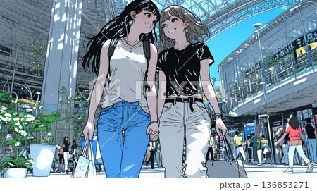 女友達と一緒にショッピングモールを歩き回る若い女性