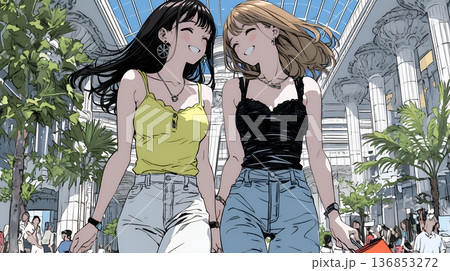 女友達と一緒にショッピングモールを歩き回る若い女性