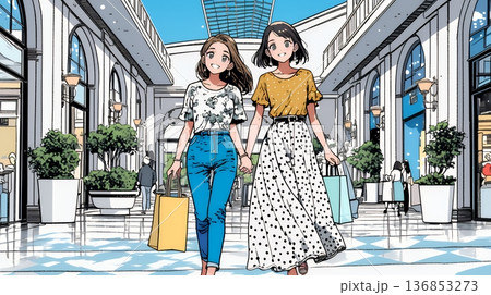 女友達と一緒にショッピングモールを歩き回る若い女性