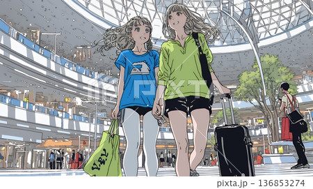 女友達と一緒にショッピングモールを歩き回る若い女性