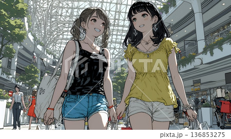 女友達と一緒にショッピングモールを歩き回る若い女性