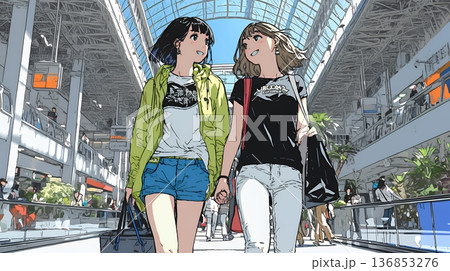 女友達と一緒にショッピングモールを歩き回る若い女性