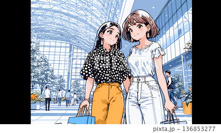 女友達と一緒にショッピングモールを歩き回る若い女性