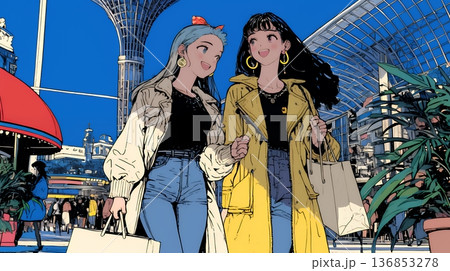 女友達と一緒にショッピングモールを歩き回る若い女性