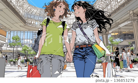 女友達と一緒にショッピングモールを歩き回る若い女性