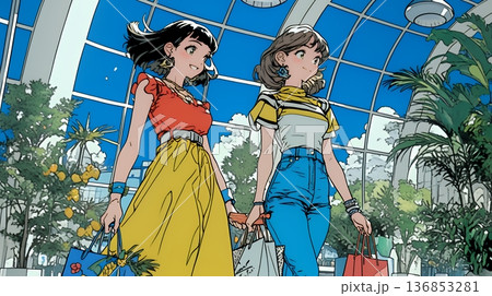 女友達と一緒にショッピングモールを歩き回る若い女性