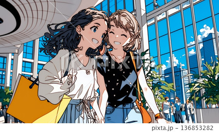 女友達と一緒にショッピングモールを歩き回る若い女性