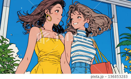 女友達と一緒にショッピングモールを歩き回る若い女性