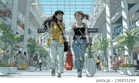 女友達と一緒にショッピングモールを歩き回る若い女性