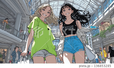 女友達と一緒にショッピングモールを歩き回る若い女性