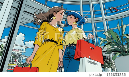 女友達と一緒にショッピングモールを歩き回る若い女性