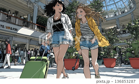 女友達と一緒にショッピングモールを歩き回る若い女性