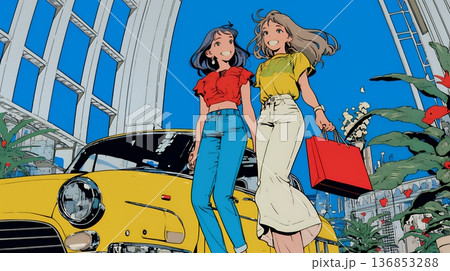 女友達と一緒にショッピングモールを歩き回る若い女性