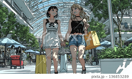 女友達と一緒にショッピングモールを歩き回る若い女性